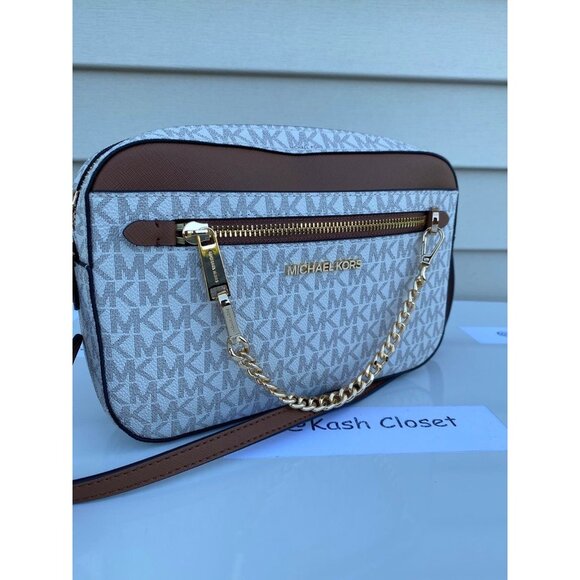 Michael Kors crossbody bag large chain zip purse Jet set MK Signature Vanilla - Picture 1 of 10